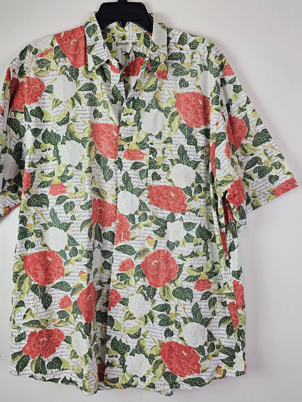 VTG 90s Banana Republic Mens Short Sleeve Floral Roses Shirt Button Large Cotton